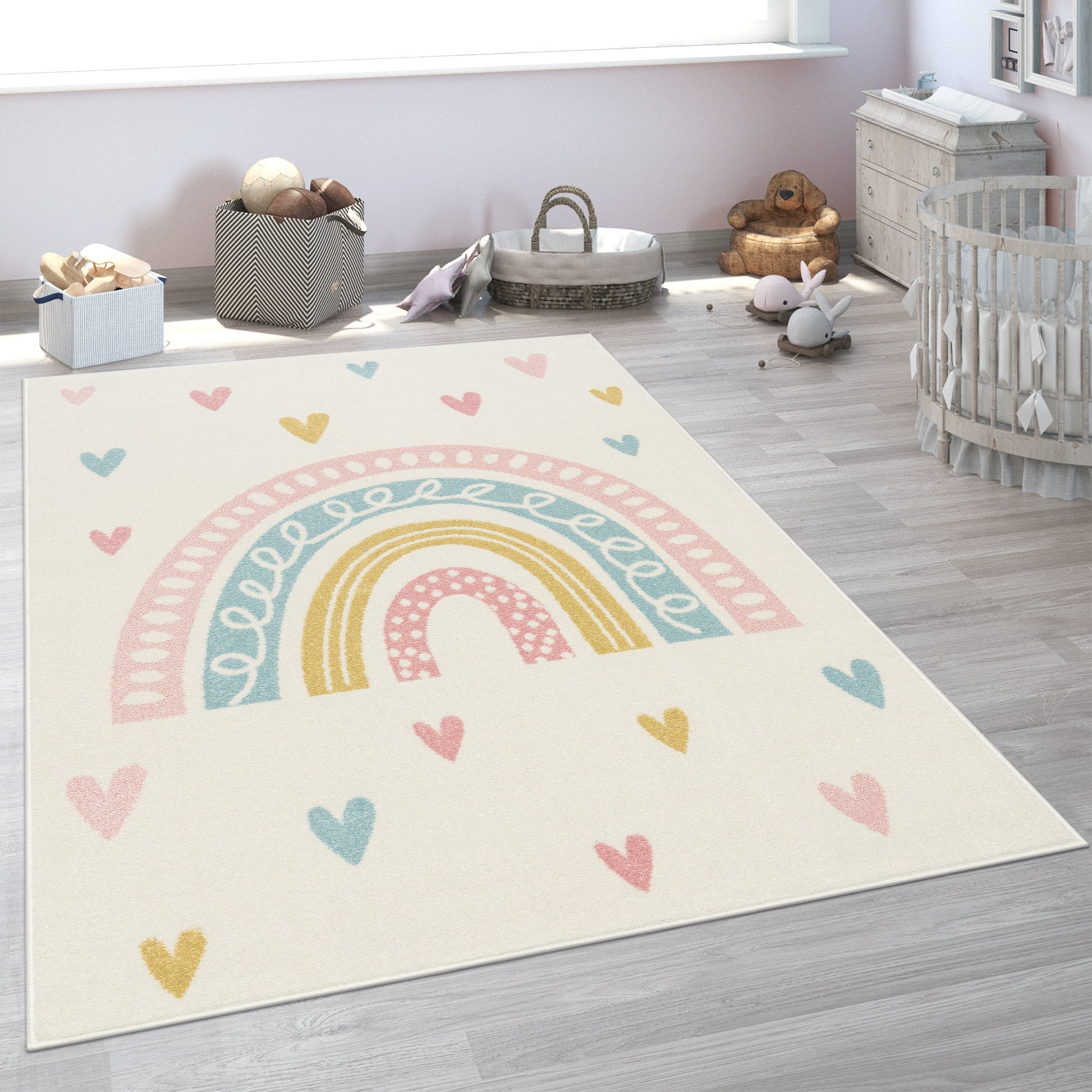 Kids Rug Nino with Rainbow and Hearts for Nursery in Cream-4