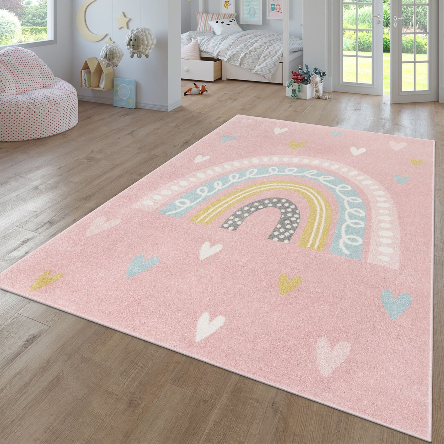 Kids Rug Nino with Rainbow and Hearts for Nursery in Pink-0