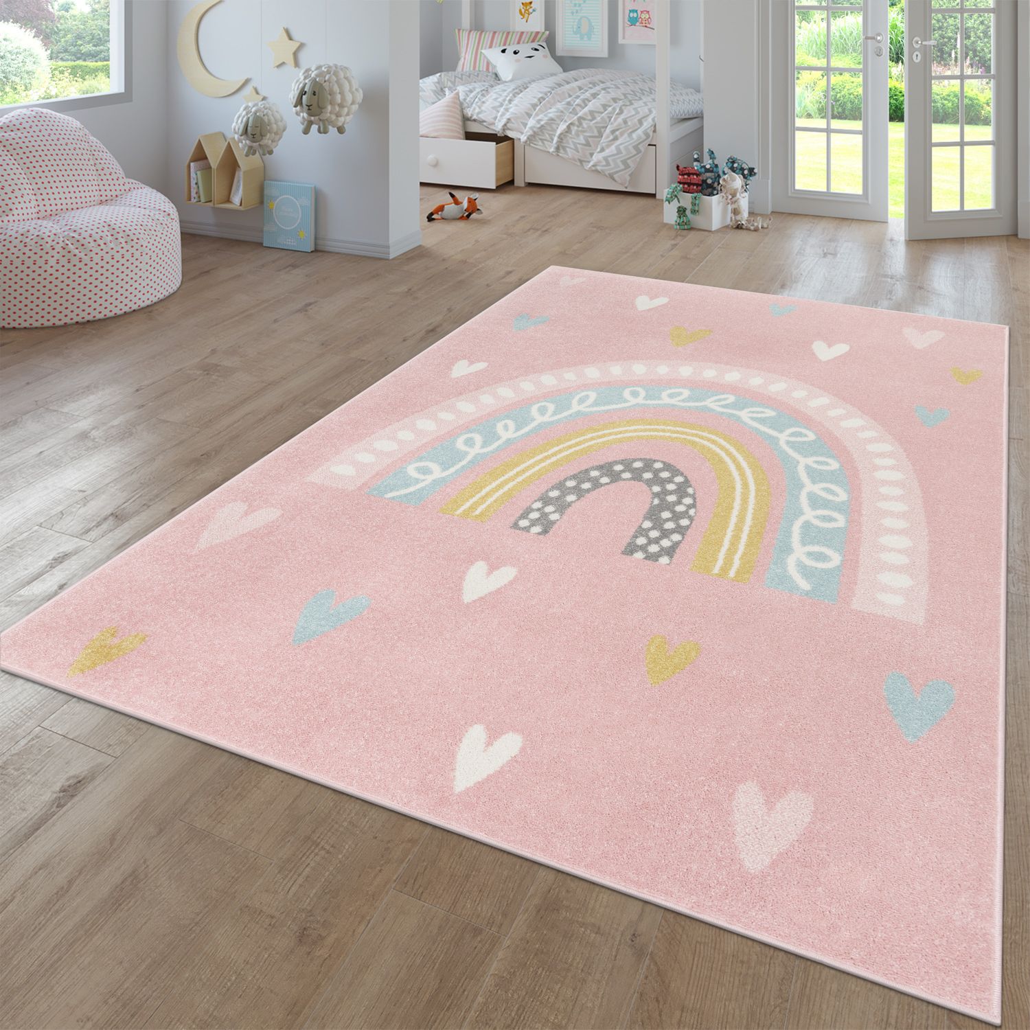 Kids Rug Nino with Rainbow and Hearts for Nursery in Pink-0