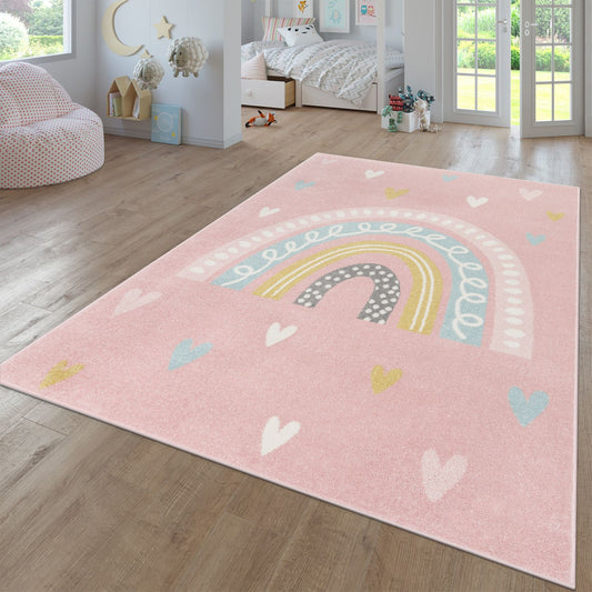 Kids Rug Nino with Rainbow and Hearts for Nursery in Pink-0