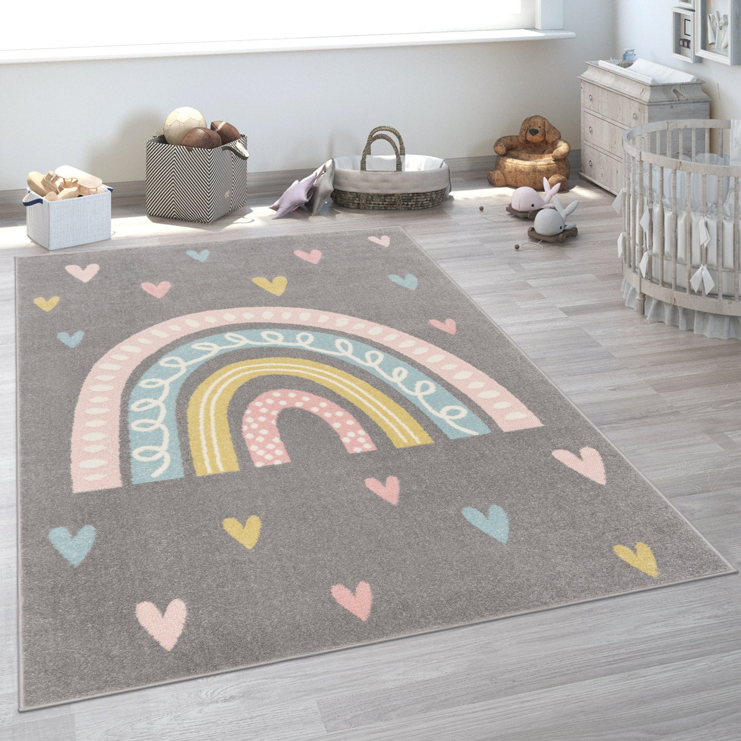 Kids Rug Nino with Rainbow and Hearts for Nursery in Grey-4