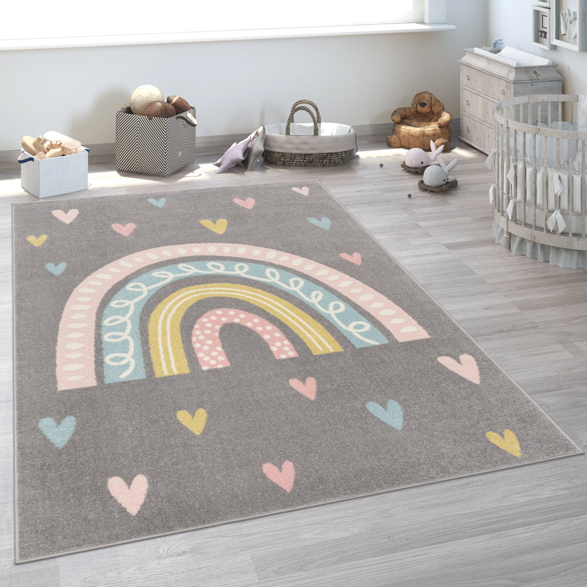 Kids Rug Nino with Rainbow and Hearts for Nursery in Grey-4