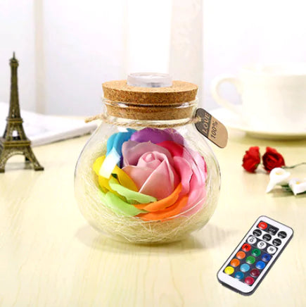 Lucky Star Glass Bottle Soap Flower Night Light with Optional Remote