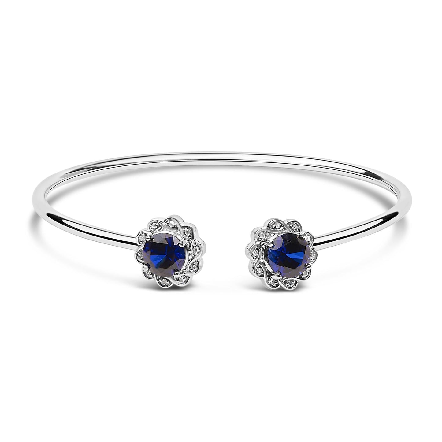 Sterling Silver Diamond Accent Created Blue Sapphire Floral Design Bangle Bracelet-0