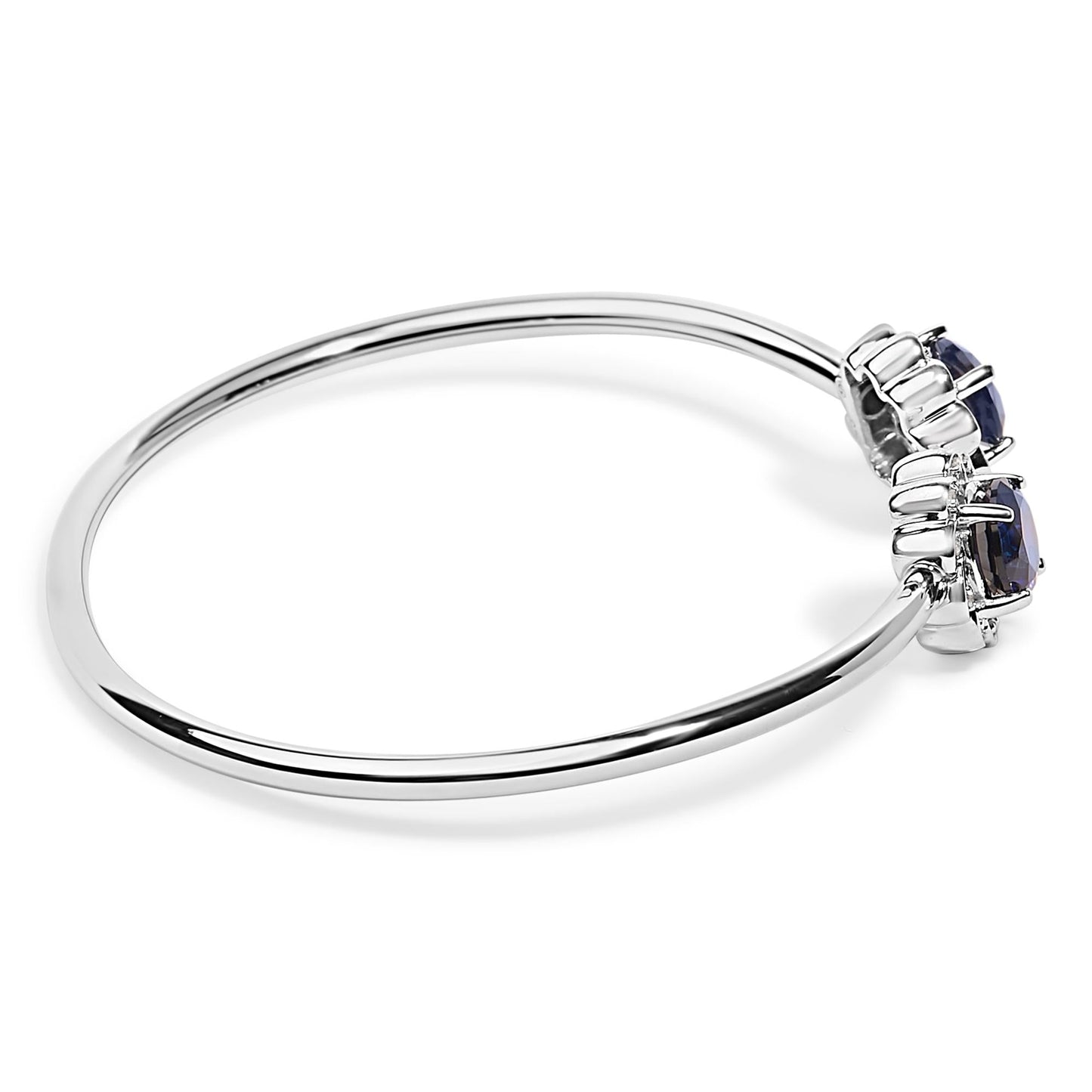 Sterling Silver Diamond Accent Created Blue Sapphire Floral Design Bangle Bracelet-1
