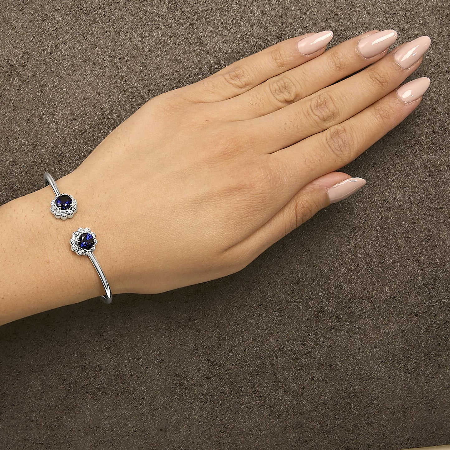 Sterling Silver Diamond Accent Created Blue Sapphire Floral Design Bangle Bracelet-2