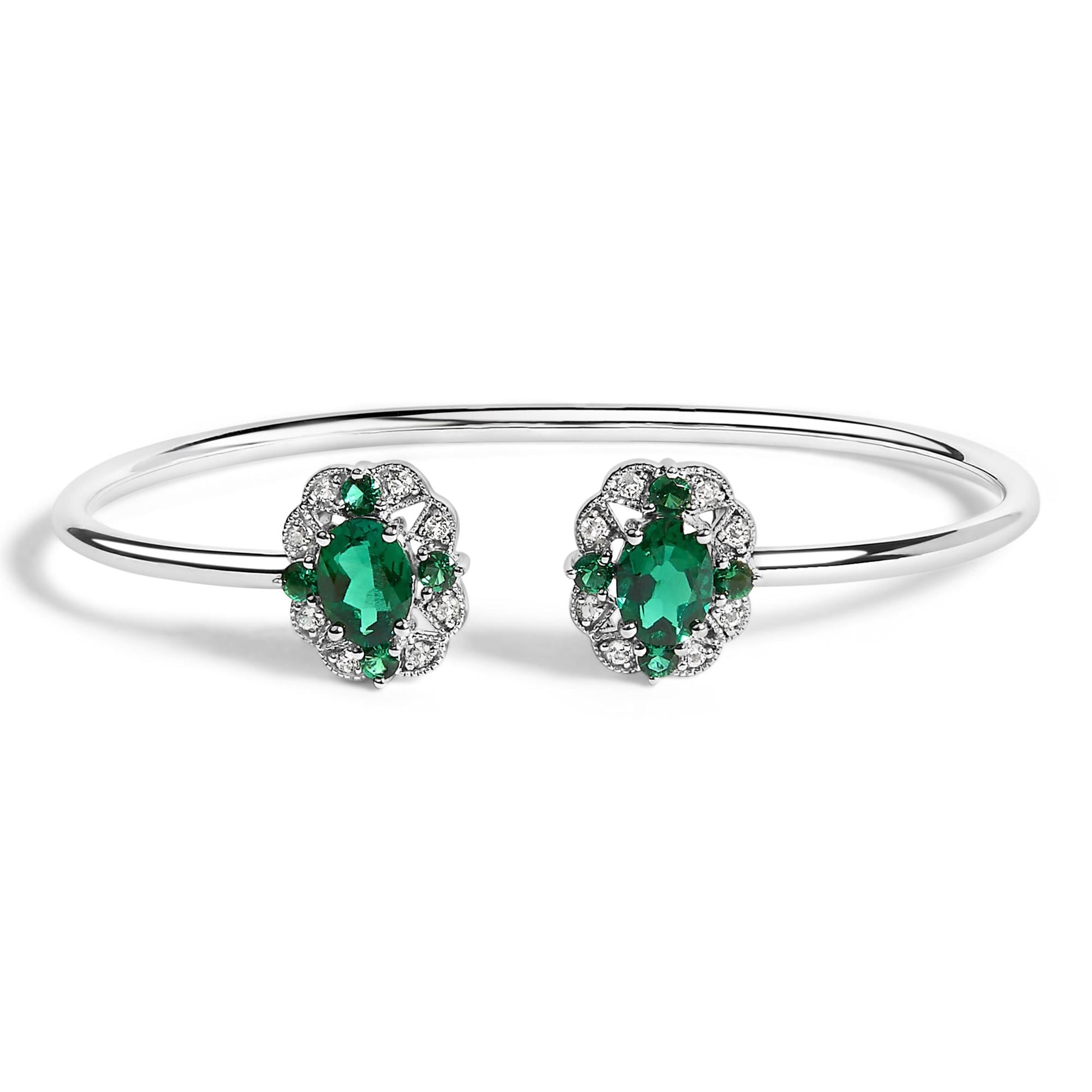 Sterling Silver White Topaz and Green Emerald Floral Bangle Bracelet 6.5 Inch-0
