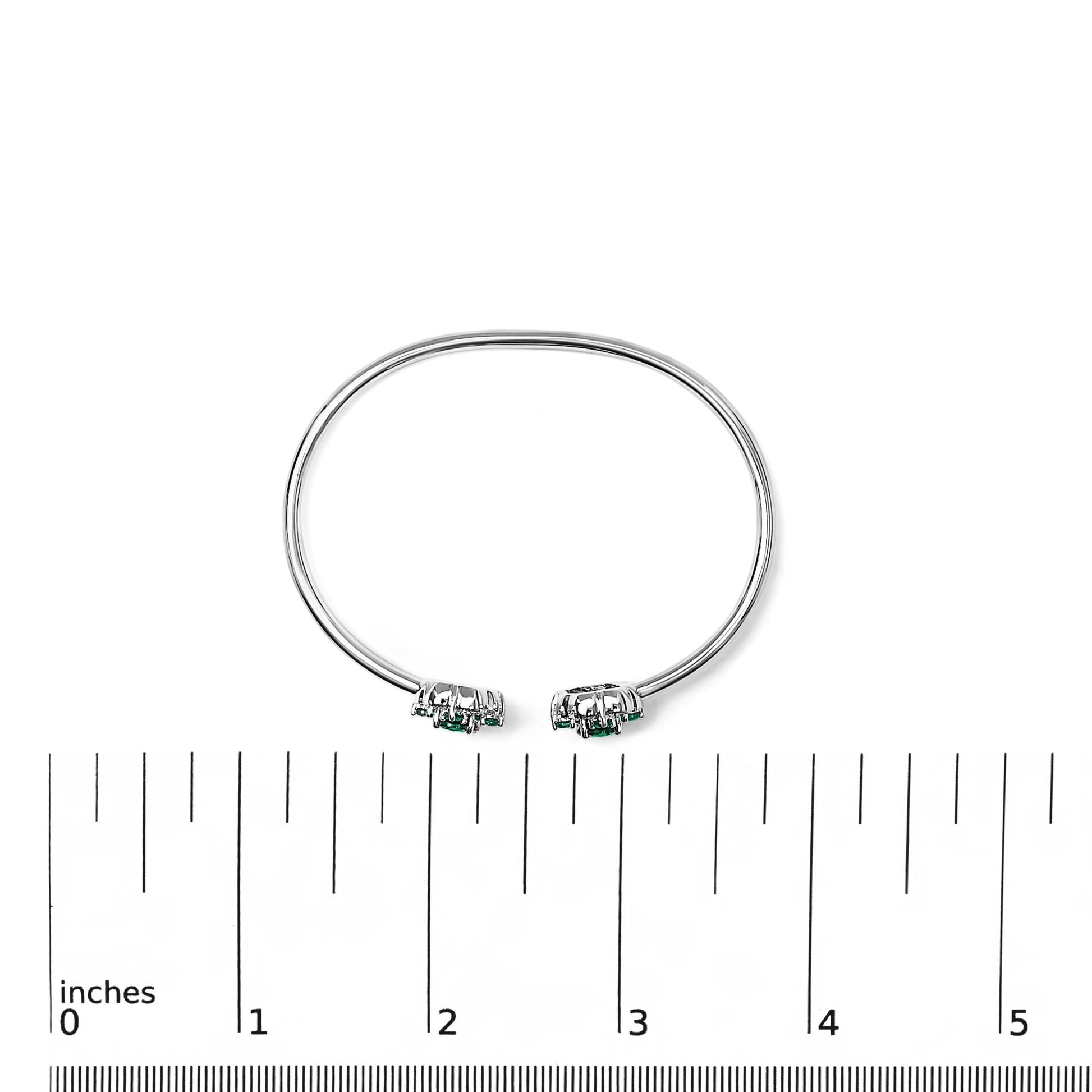 Sterling Silver White Topaz and Green Emerald Floral Bangle Bracelet 6.5 Inch-4