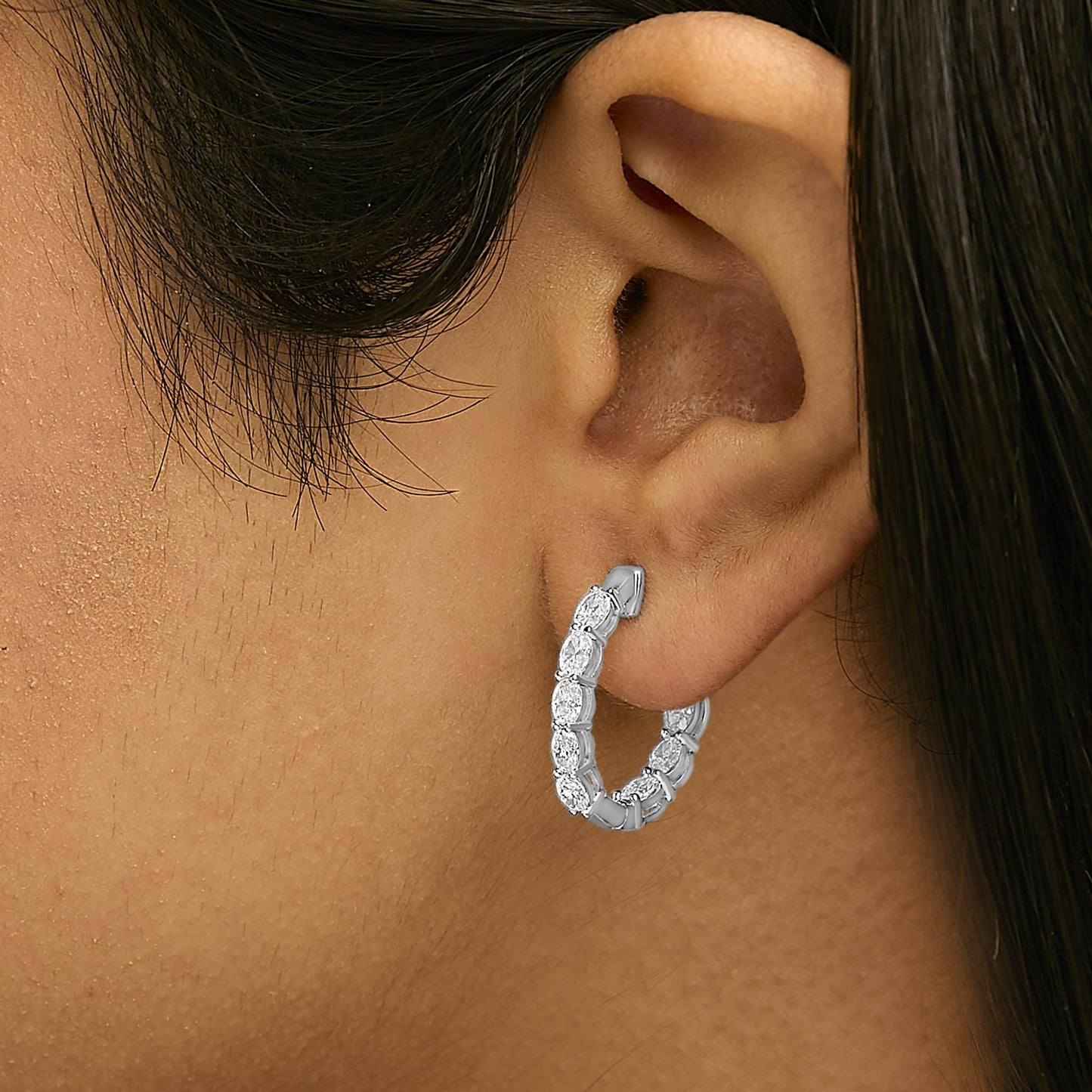 14K White Gold 2 3/4 Cttw Oval Cut Lab Grown Diamond Inside Out Hoop Earrings-2