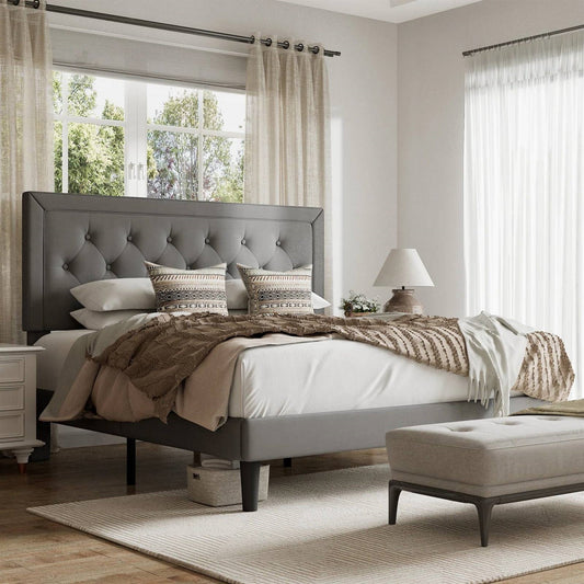 Queen Grey Linen Upholstered Platform Bed Frame with Button-Tufted Headboard-0