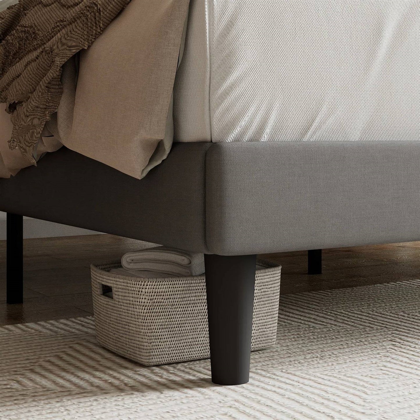 Queen Grey Linen Upholstered Platform Bed Frame with Button-Tufted Headboard-2