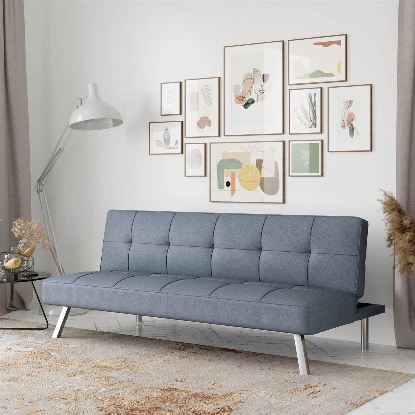 Modern Futon Sofa Bed in Light Gray Fabric with Chrome Metal Legs-0