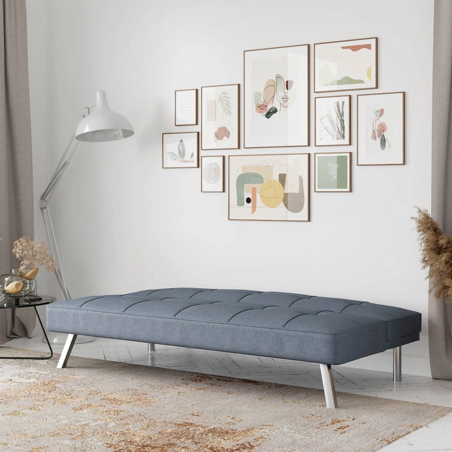 Modern Futon Sofa Bed in Light Gray Fabric with Chrome Metal Legs-1