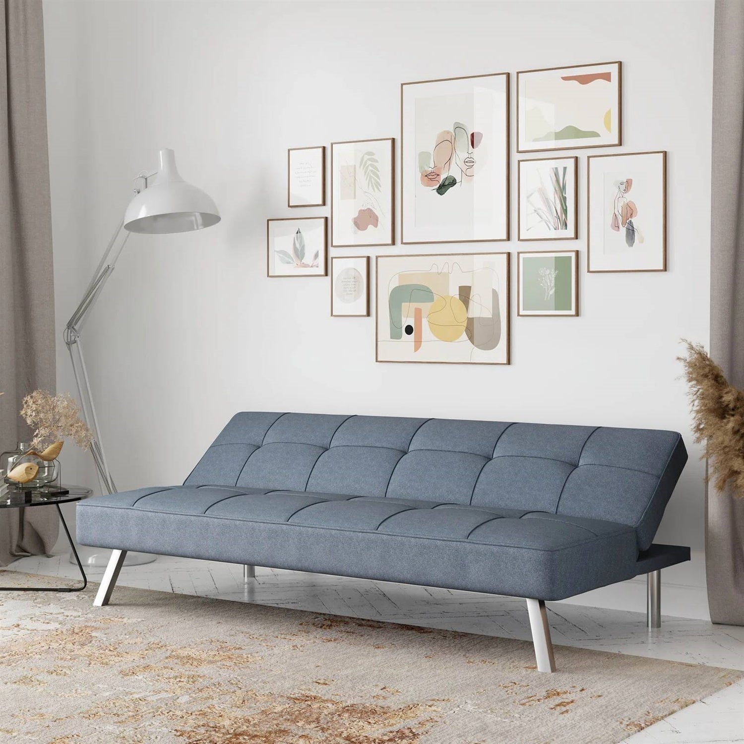 Modern Futon Sofa Bed in Light Gray Fabric with Chrome Metal Legs-2