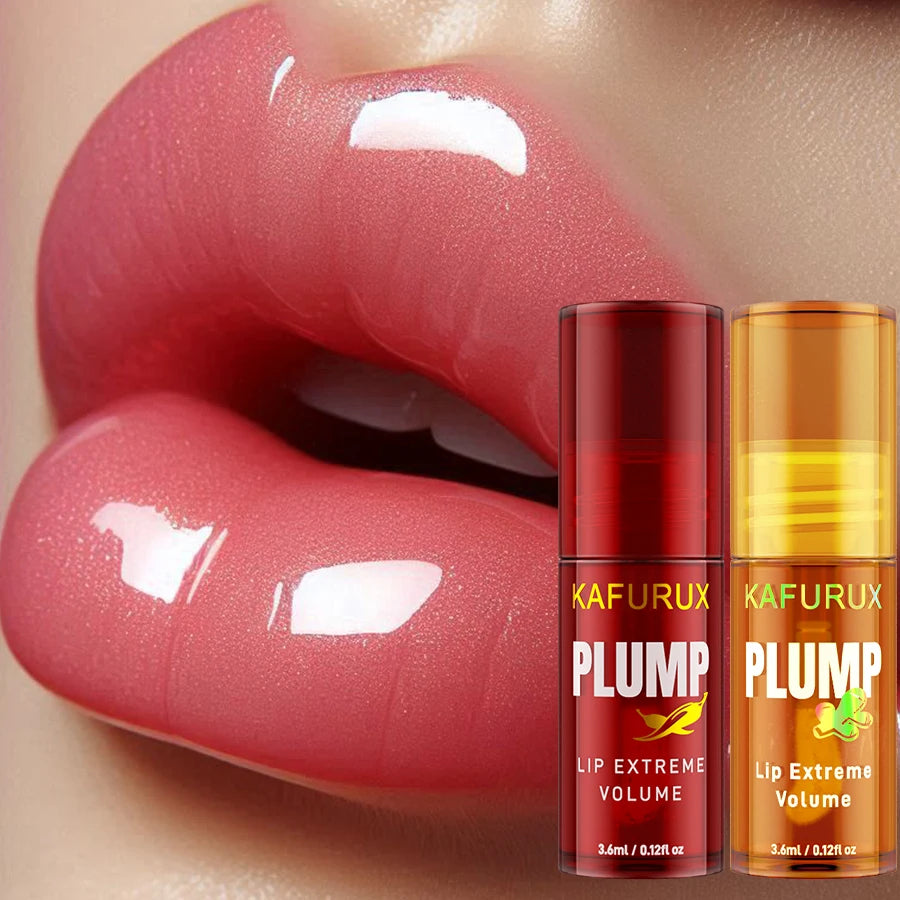 Lip gloss with 'KAFURUX' branding on a close-up of lips.