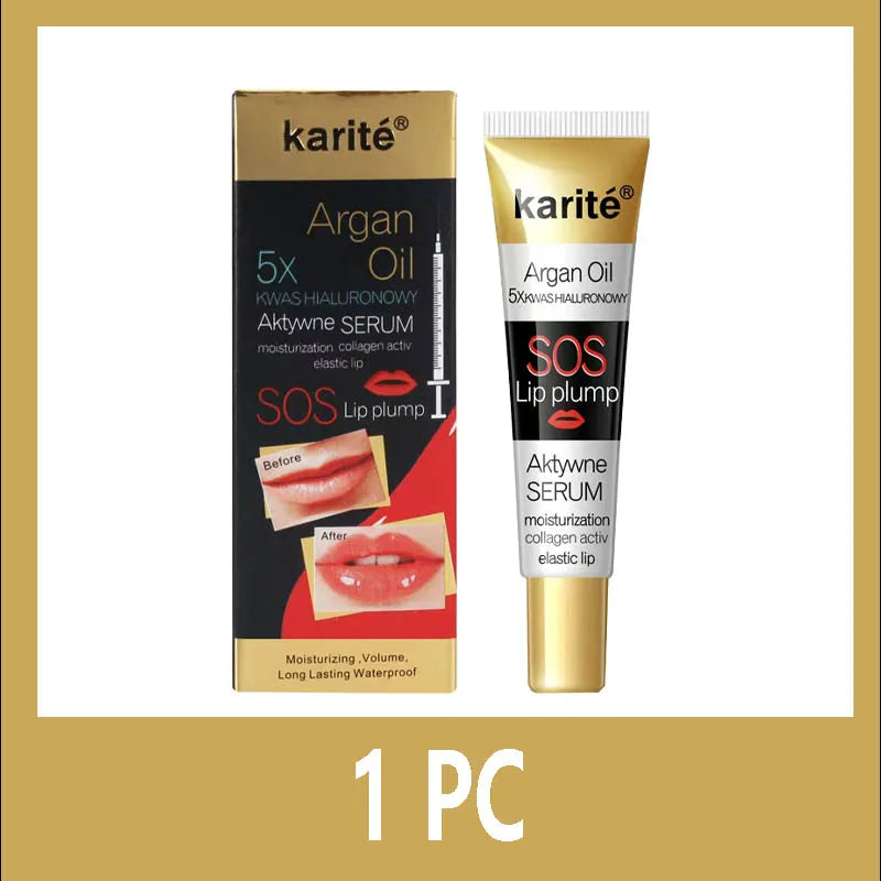 Karite Argan Oil lip serum packaging with tube and box on a gold background