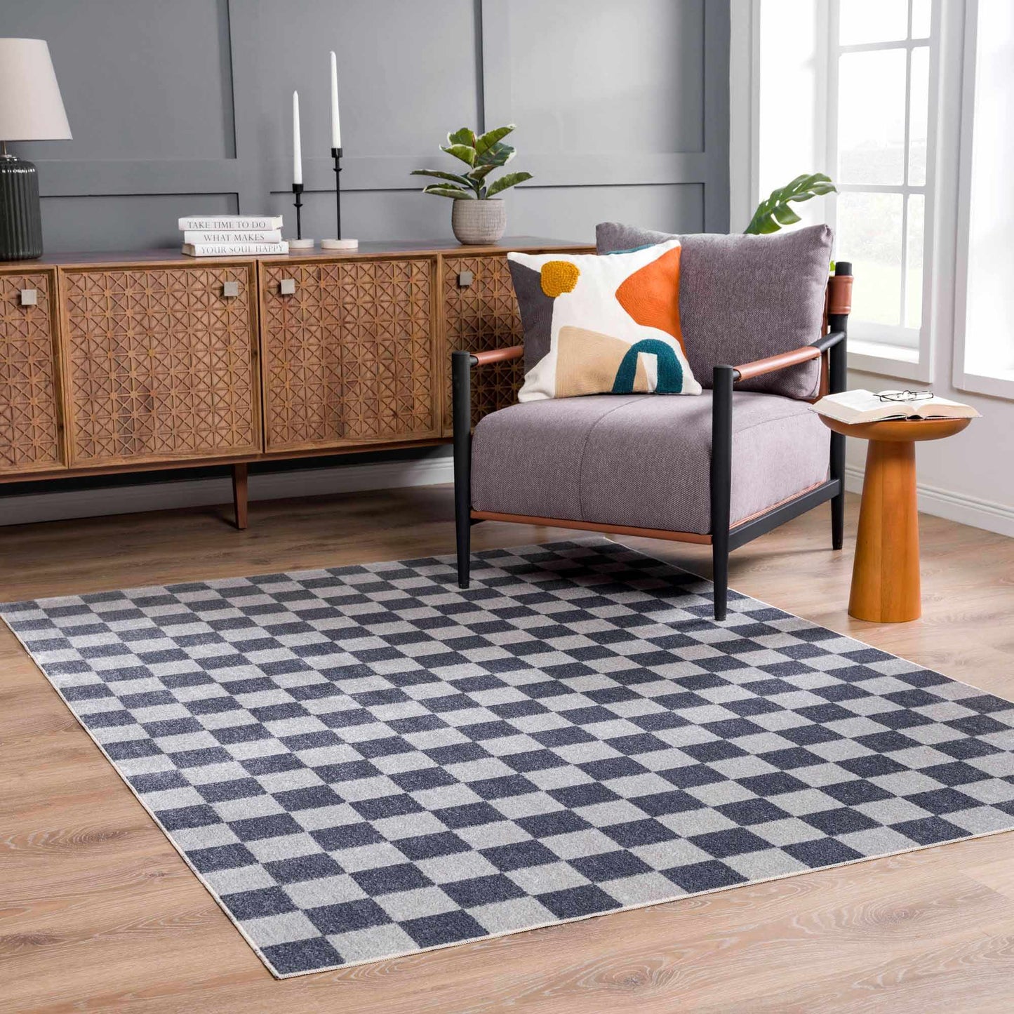 Alie Blue Gray Checkered Washable Rug-3