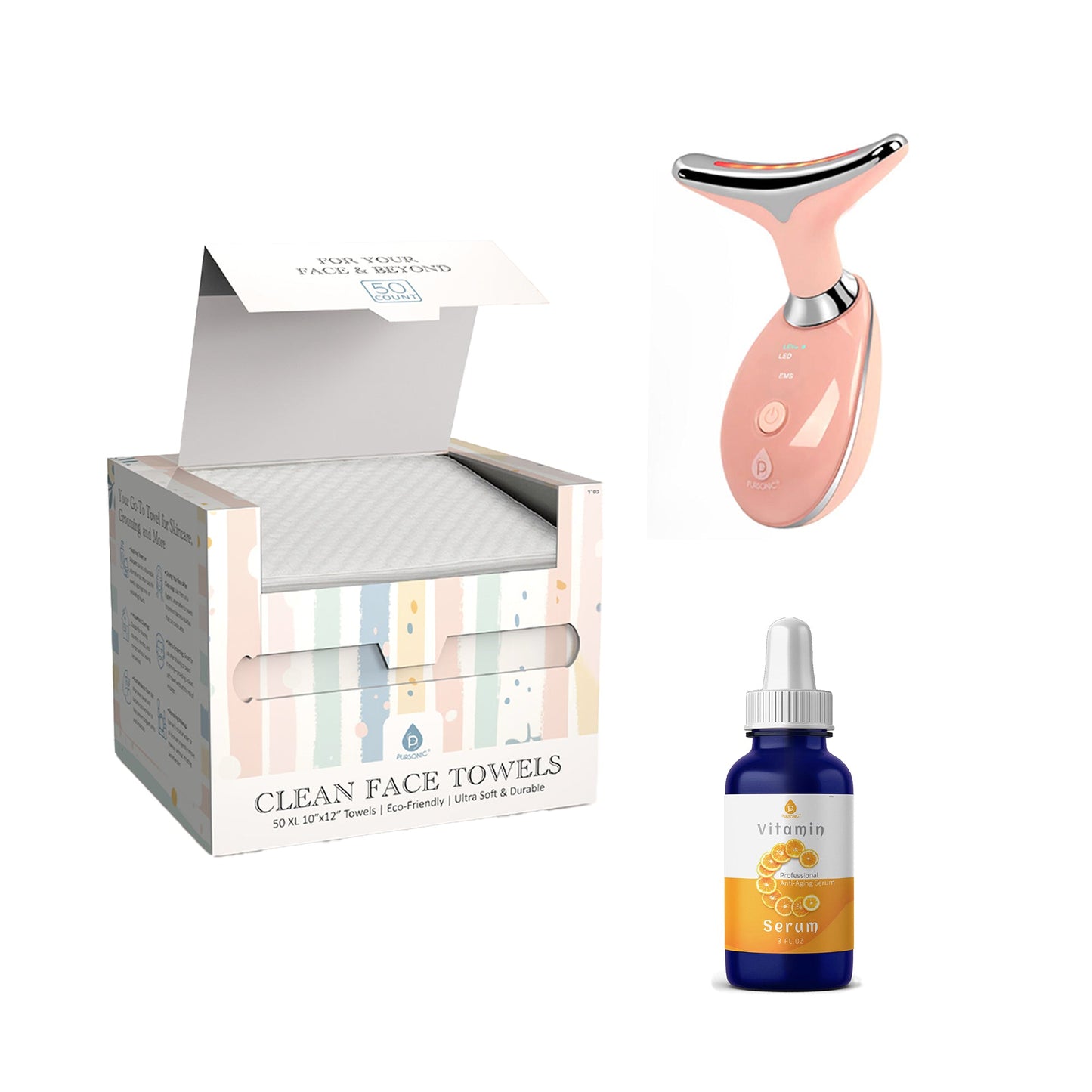Pursonic Radiant Skin Essentials Bundle: 7-in-1 LED Light Therapy Device, Clean Facial Towels & Vitamin C Serum-0