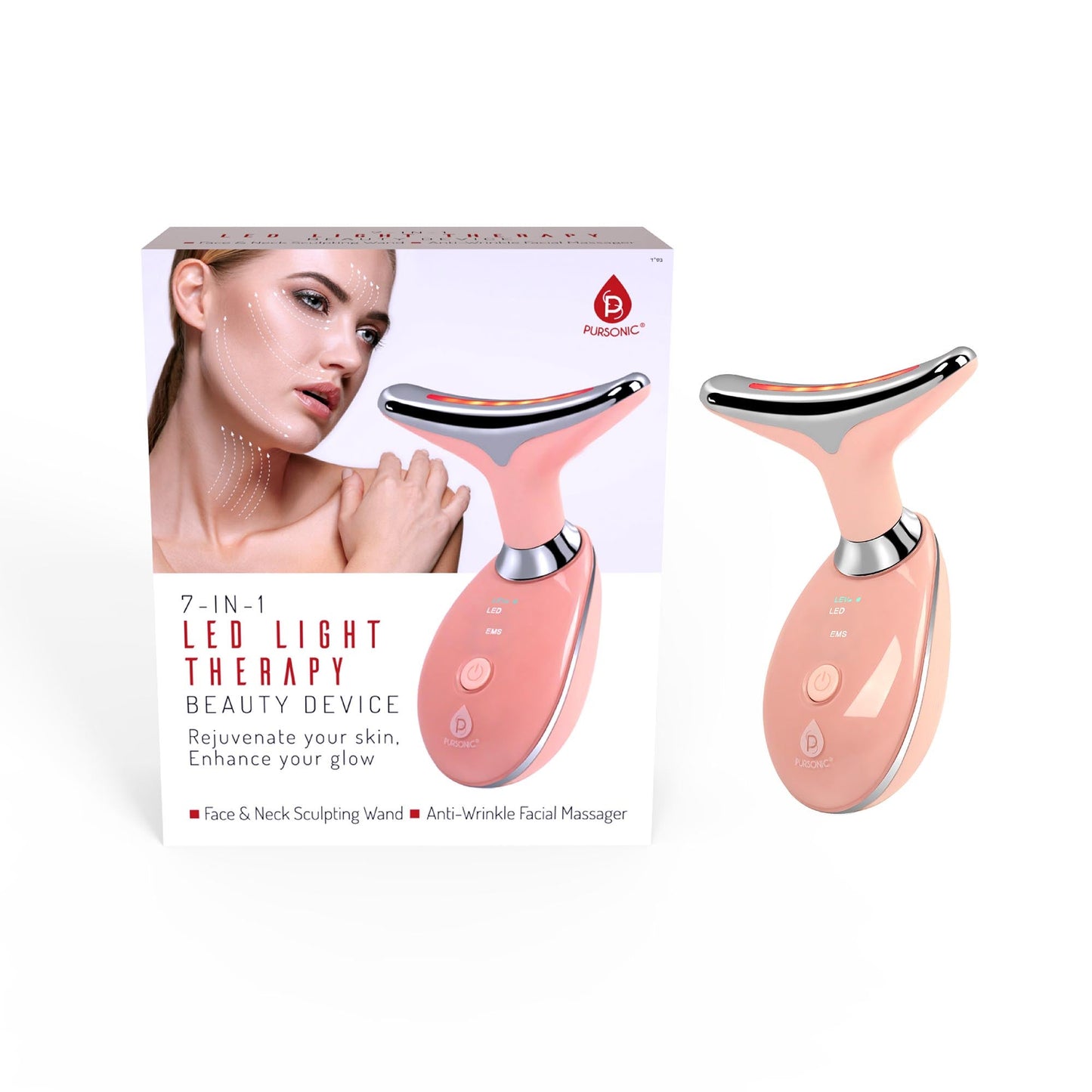 Pursonic 7-in-1 LED Light Therapy Beauty Device - Red Light Therapy Face & Neck Sculpting Wand-0