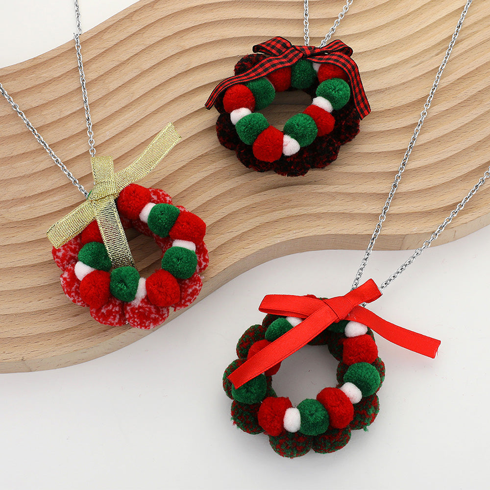 Bow Pom Pom Wreath Long Pendant Necklace