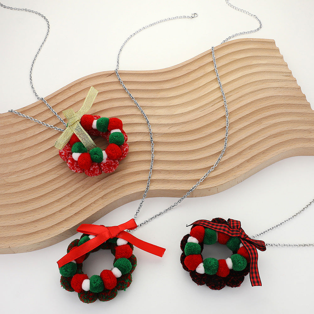Bow Pom Pom Wreath Long Pendant Necklace