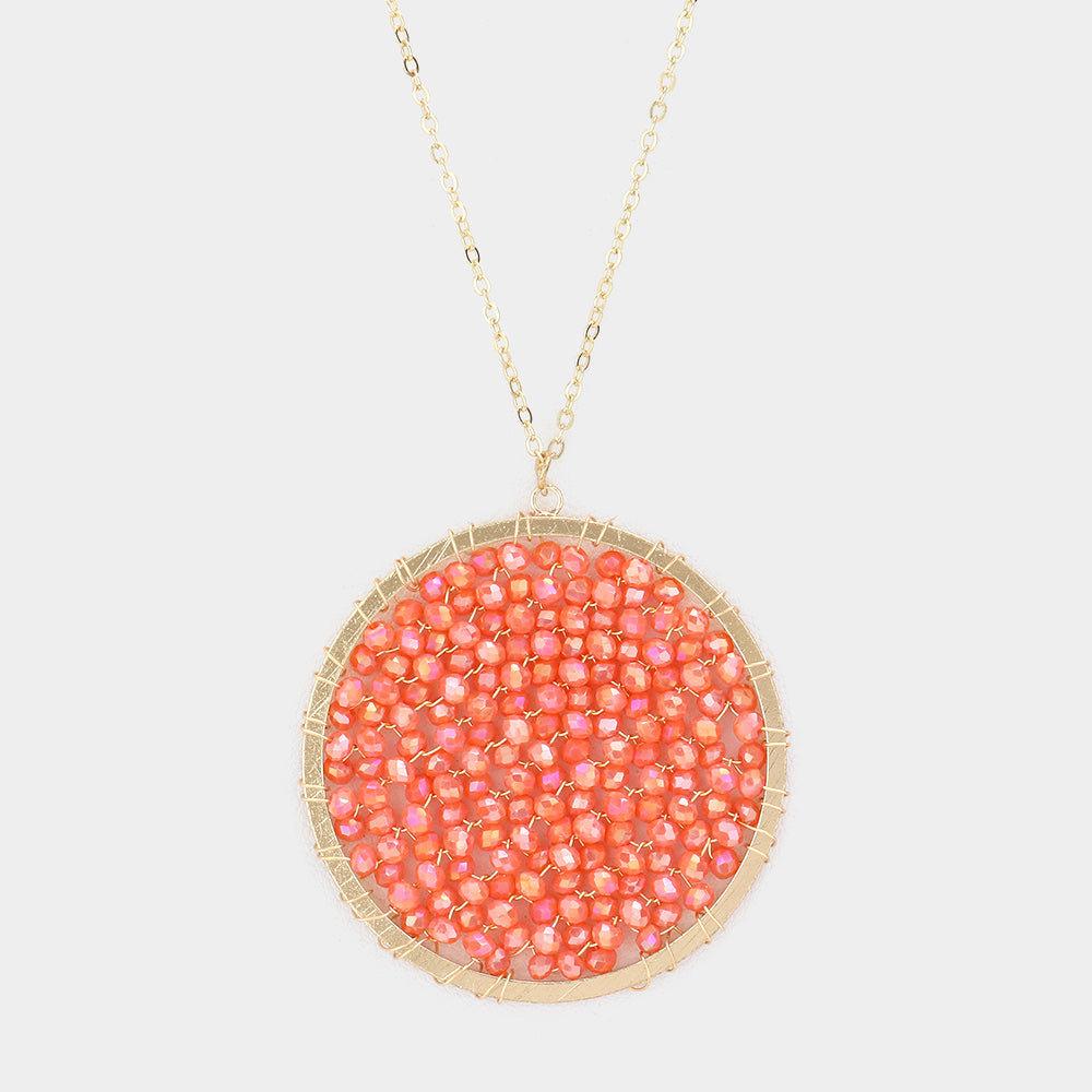 Faceted Bead Wrapped Round Pendant Long Necklace