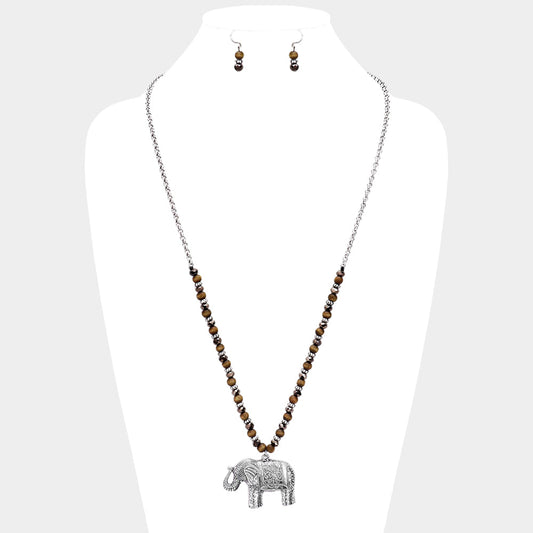 Burnished Metal Elephant Pendant Beaded Long Necklace