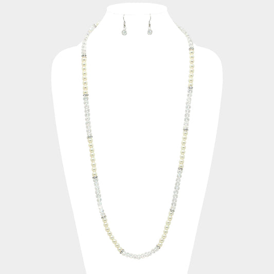 Metallic Bead & Pearl Long Necklace