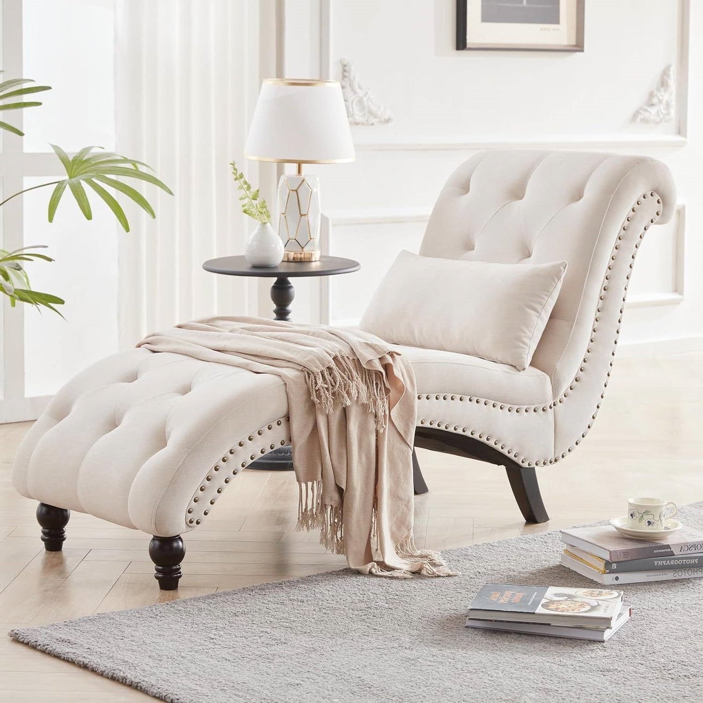 Cream Beige Linen Upholstered Armless Chaise Lounge Chair with Pillow-0