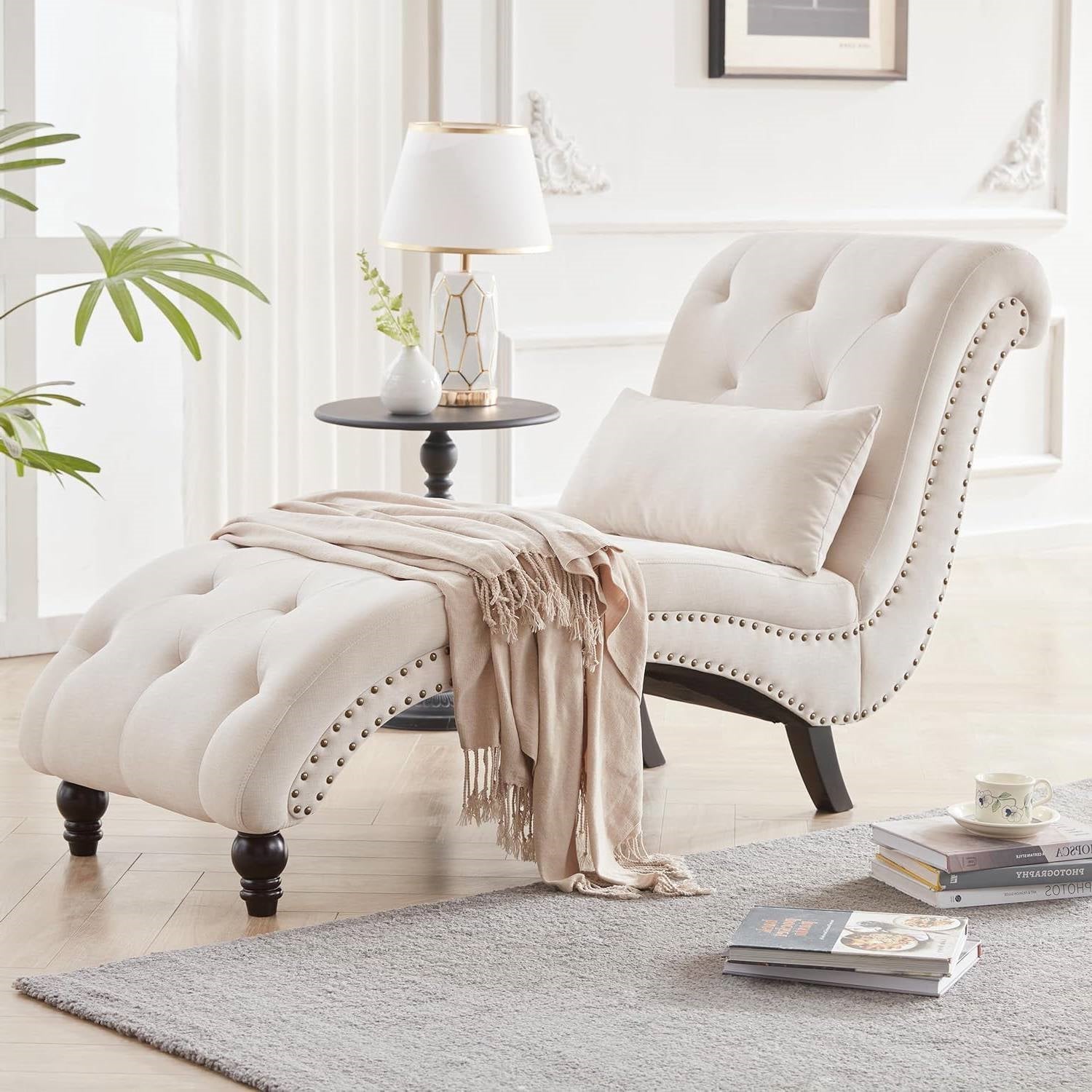 Cream Beige Linen Upholstered Armless Chaise Lounge Chair with Pillow-0