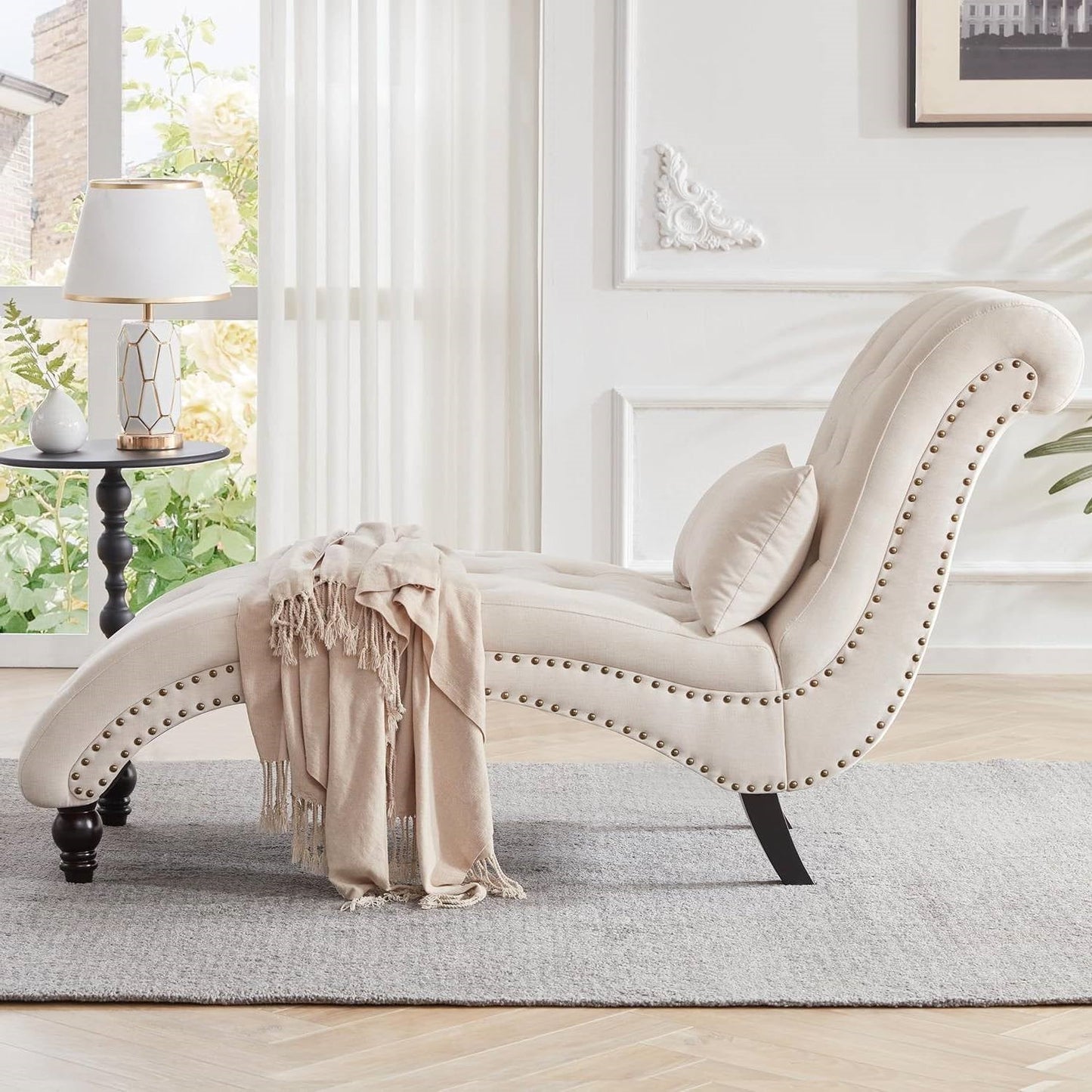Cream Beige Linen Upholstered Armless Chaise Lounge Chair with Pillow-1