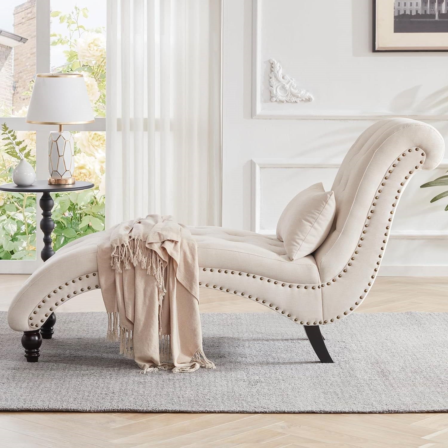 Cream Beige Linen Upholstered Armless Chaise Lounge Chair with Pillow-1