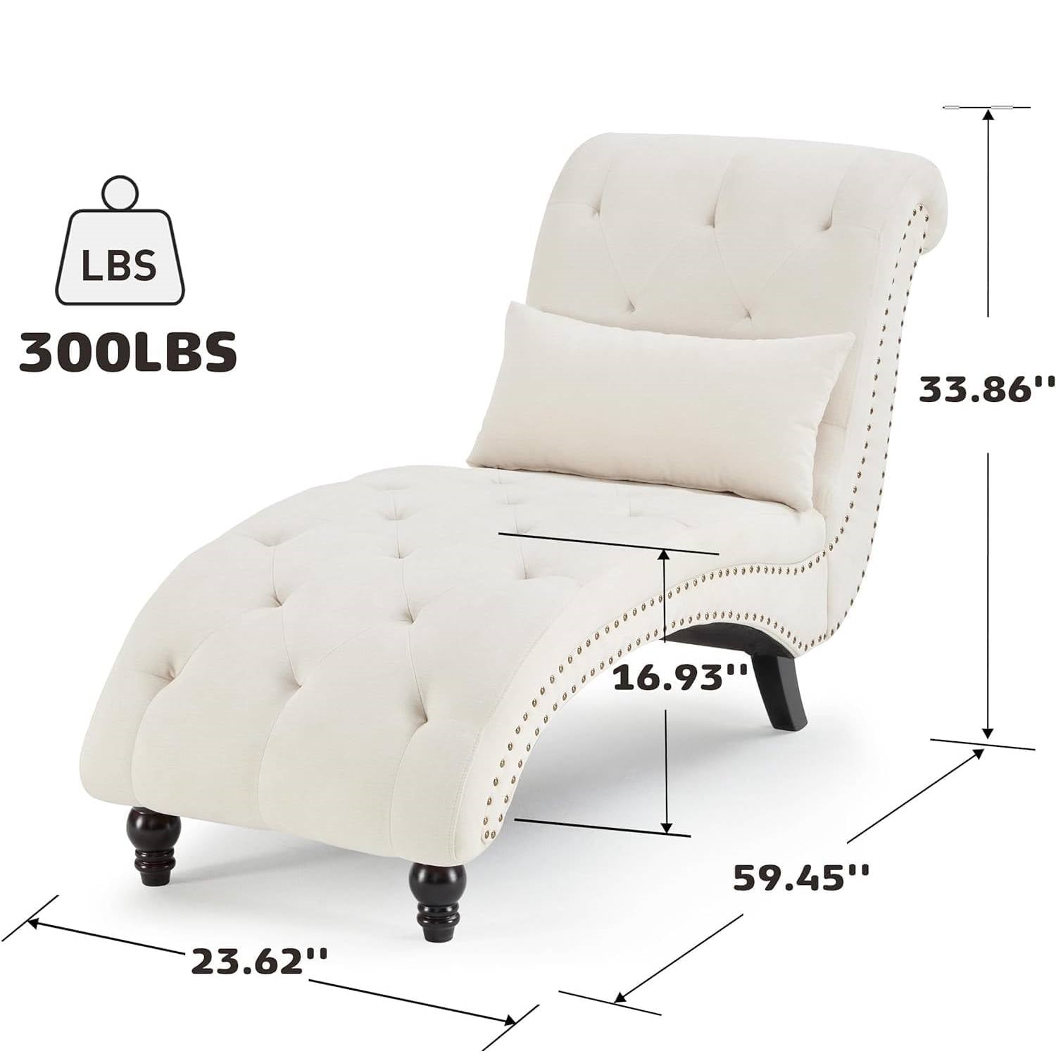 Cream Beige Linen Upholstered Armless Chaise Lounge Chair with Pillow-3