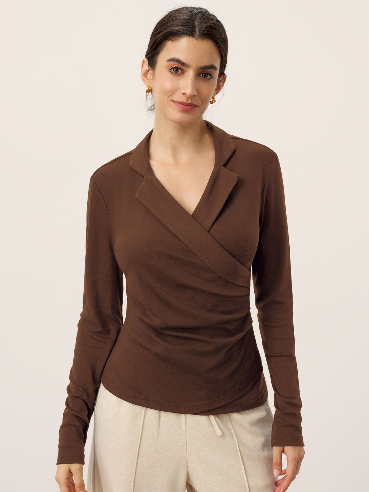 Wool Asymmetric Side Ruched Stretch Top BRIONY