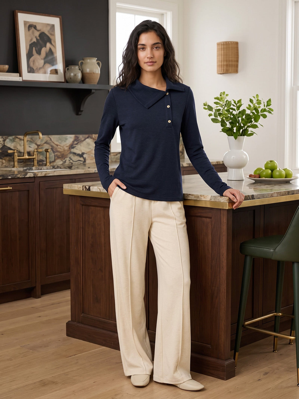 Wool Asymmetric Lapel Fruit Button Decor Top YSABEL