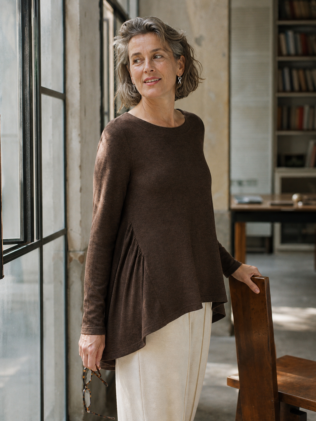Wool Panelled Ruched Asymmetric Hem Top KALISTA