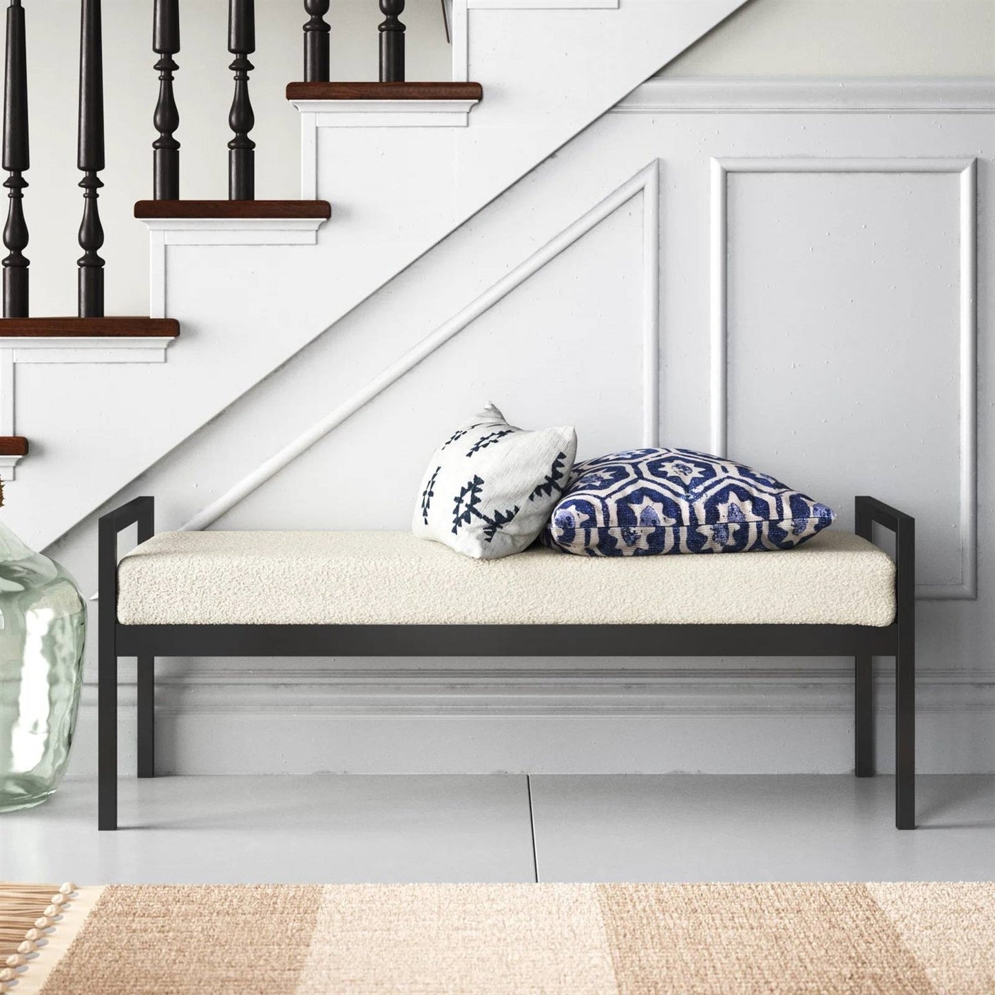 Modern Industrial Bed Bench with Black Metal Frame and Cream Upholstered Cushion-2