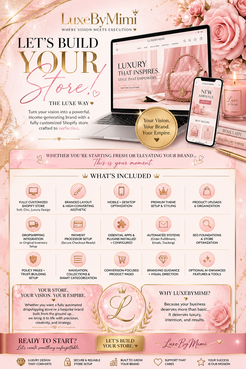 Promotional graphic for LuxeByMimi with branding elements and product images. Build your own Shopify Store TODAY