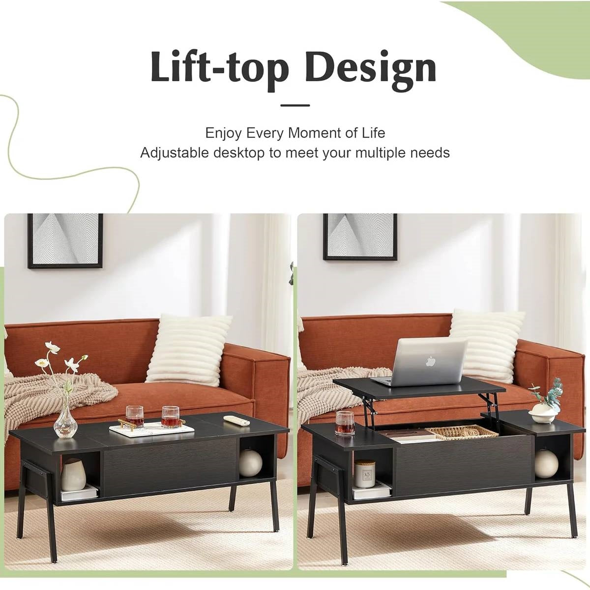 Modern Lift-Top Coffee Table Laptop Desk with Storage Shelf in Black Wood Finish-3