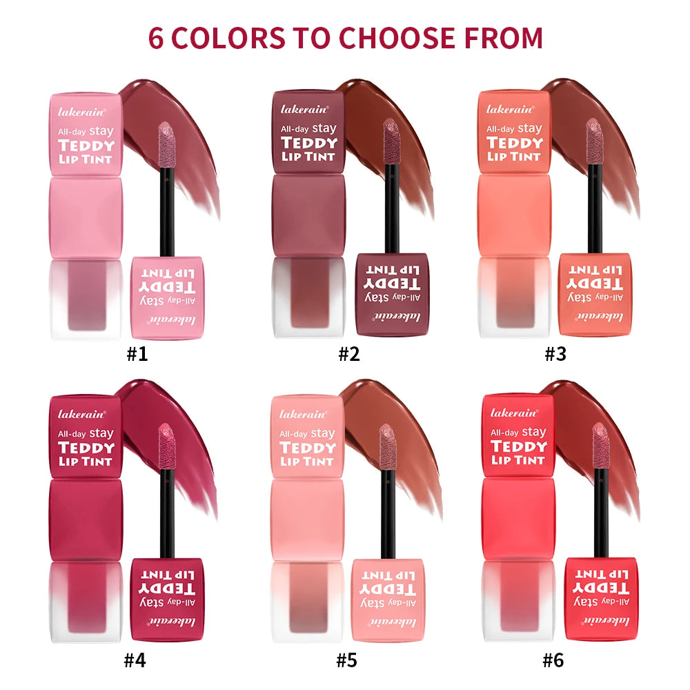 Lakeline All-day Stay Teddy Lip Tint with six color options on a white background. Lakerain 6pcs/set Teddy Velvet Non-stick Cup Matte Lip Glaze Matte (Waterproof)