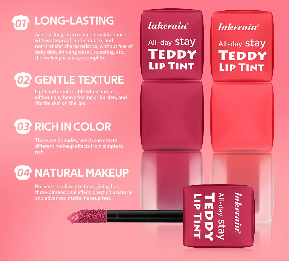 Lakerain All-day Stay Teddy Lip Tint with product details on a pink background