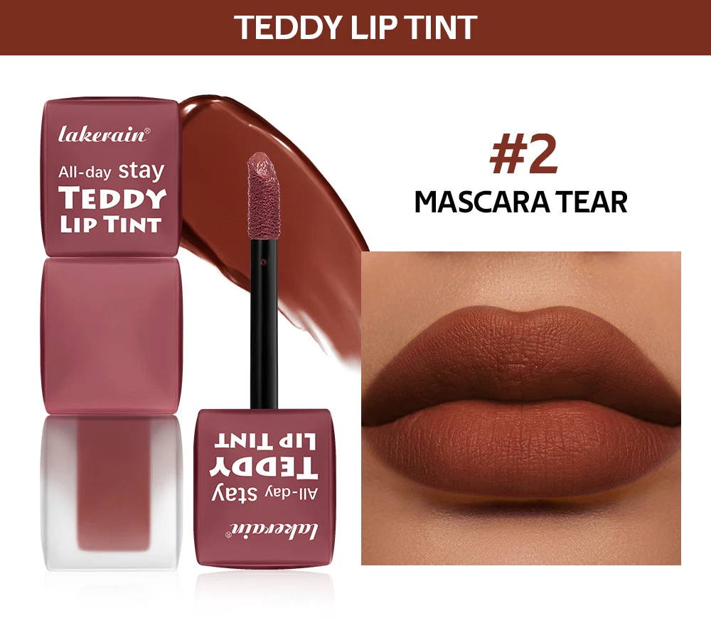 Lakerain Teddy Lip Tint with packaging, applicator, and a close-up of lips wearing the color '#2 Mascara Tear'.