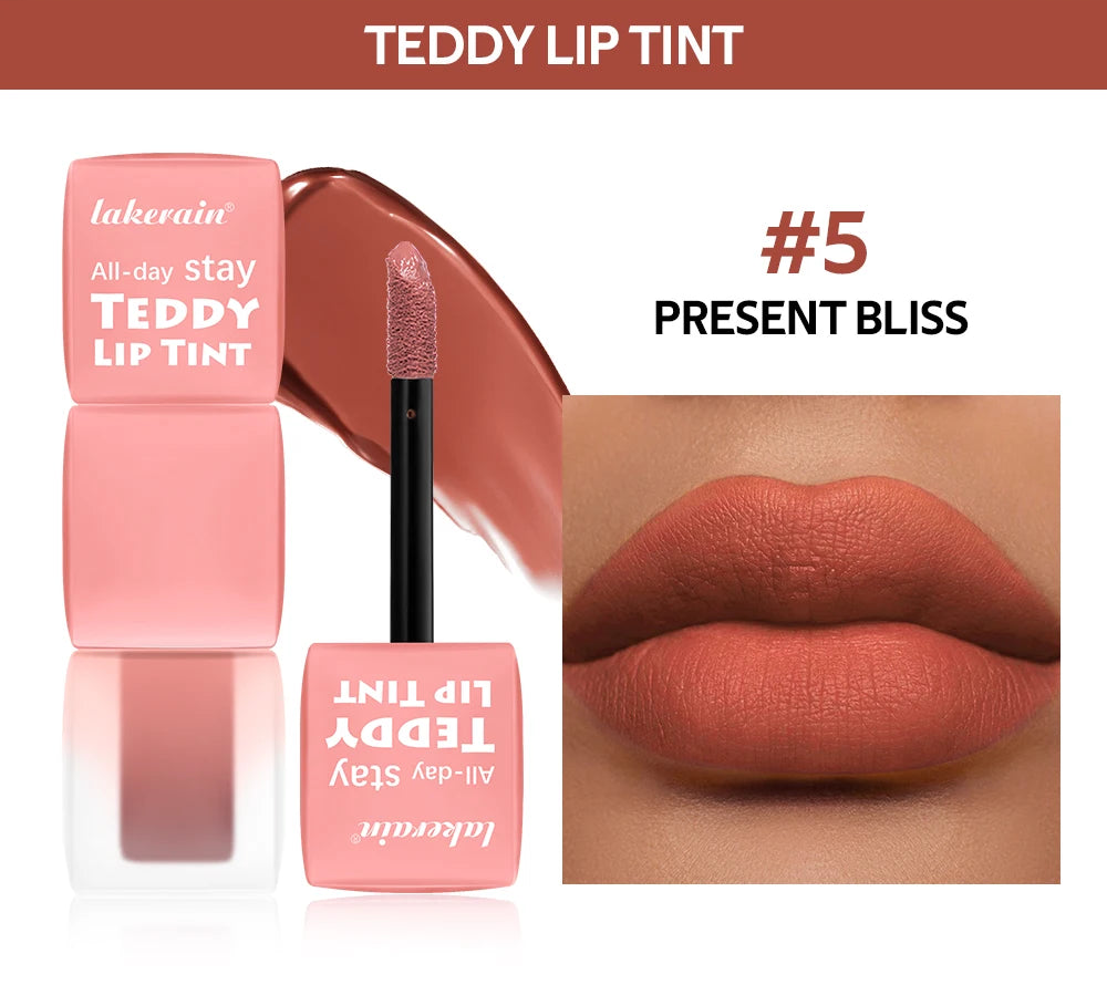 Lakerain Teddy Lip Tint with packaging, applicator, and a close-up of lips wearing the color '#5 Present Bliss'.