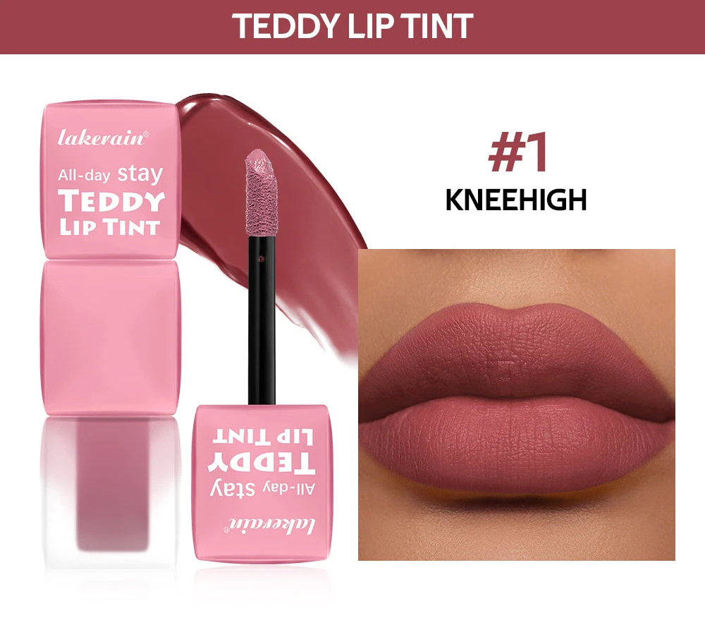 Lakerain Teddy Lip Tint with packaging, applicator, and close-up of lips wearing the color '#1 Kneehigh'. #1 Kneehigh