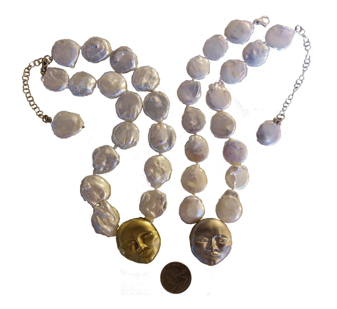 Sterling Silver Face with 18K gold plate, Diamond Eyes, Huge coin pearl necklace.  Someone to Watch Over Me-Sun/Moon Collection-4