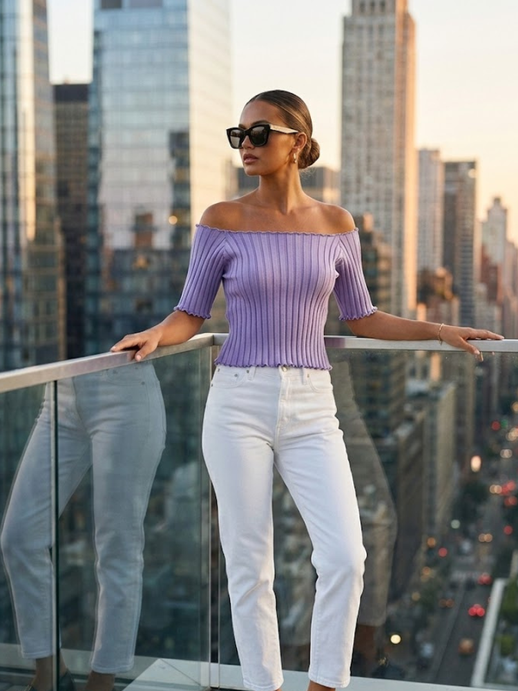Lavender ASTOR Ribbed Off-the-Shoulder Top Prêt-à-Porter BYMANYC ®-0