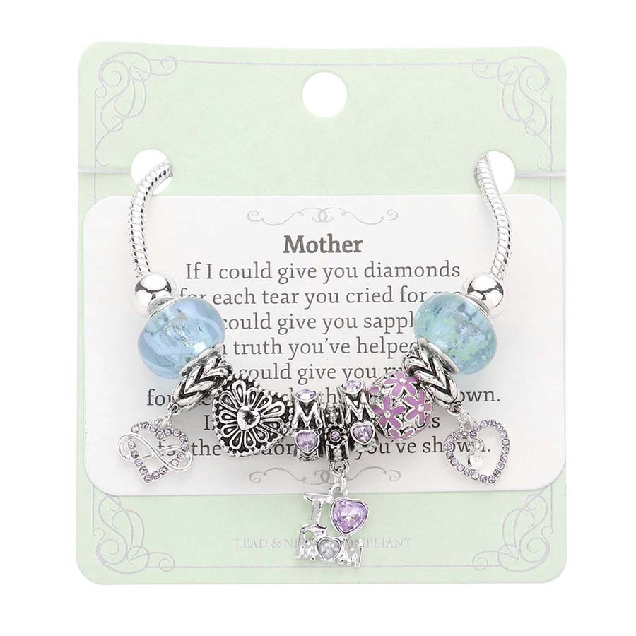 Infinity Heart I Love Mom Message Charm Multi Bead Bracelet