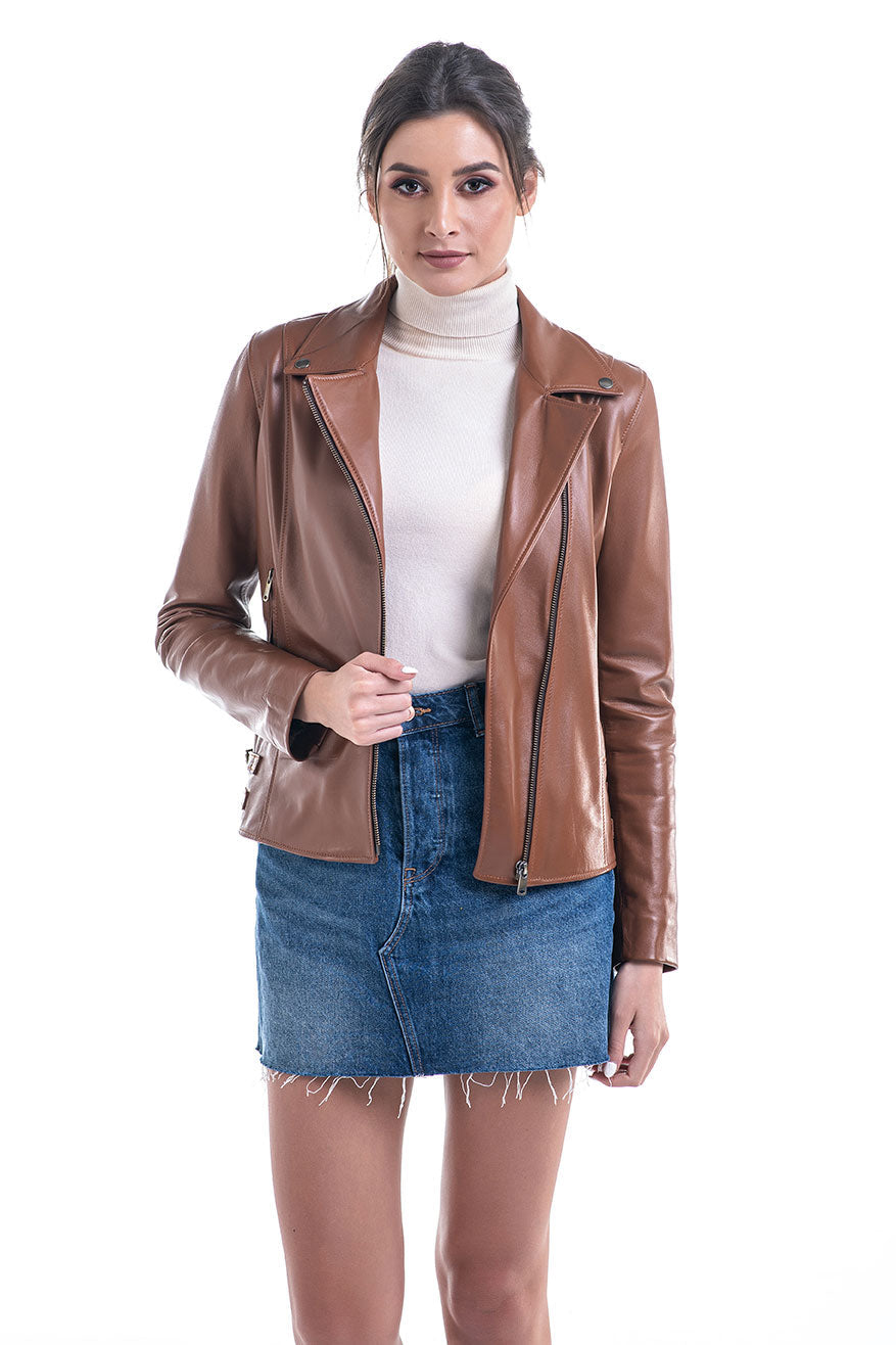 Chocolate Genuine Sheepskin Jacket with Diagonal Zipper-0