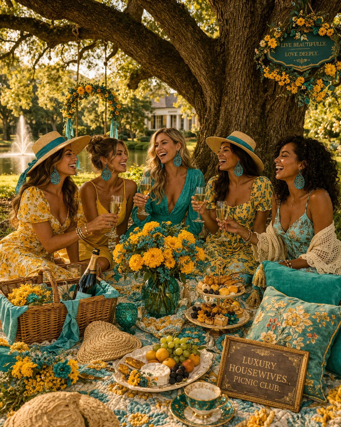 Group of women enjoying a picnic in a park with floral decorations and a sign for 'Luxury Housewives Picnic Club'.