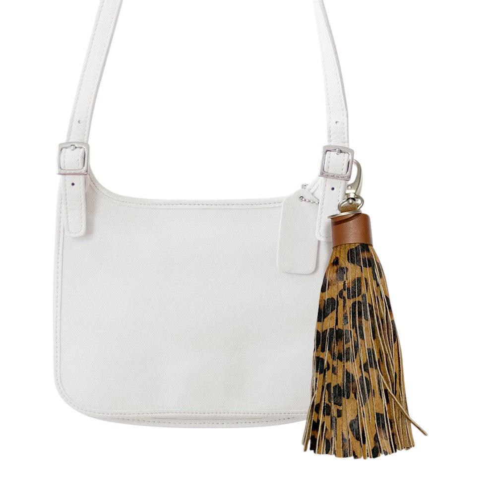 Leopard Patterned Genuine Leather Tassel Bag Charm
